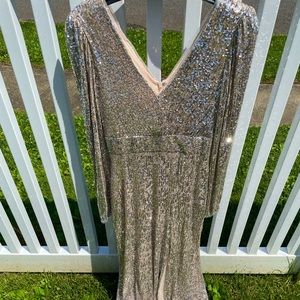 Silver, floor length, long sleeved gown